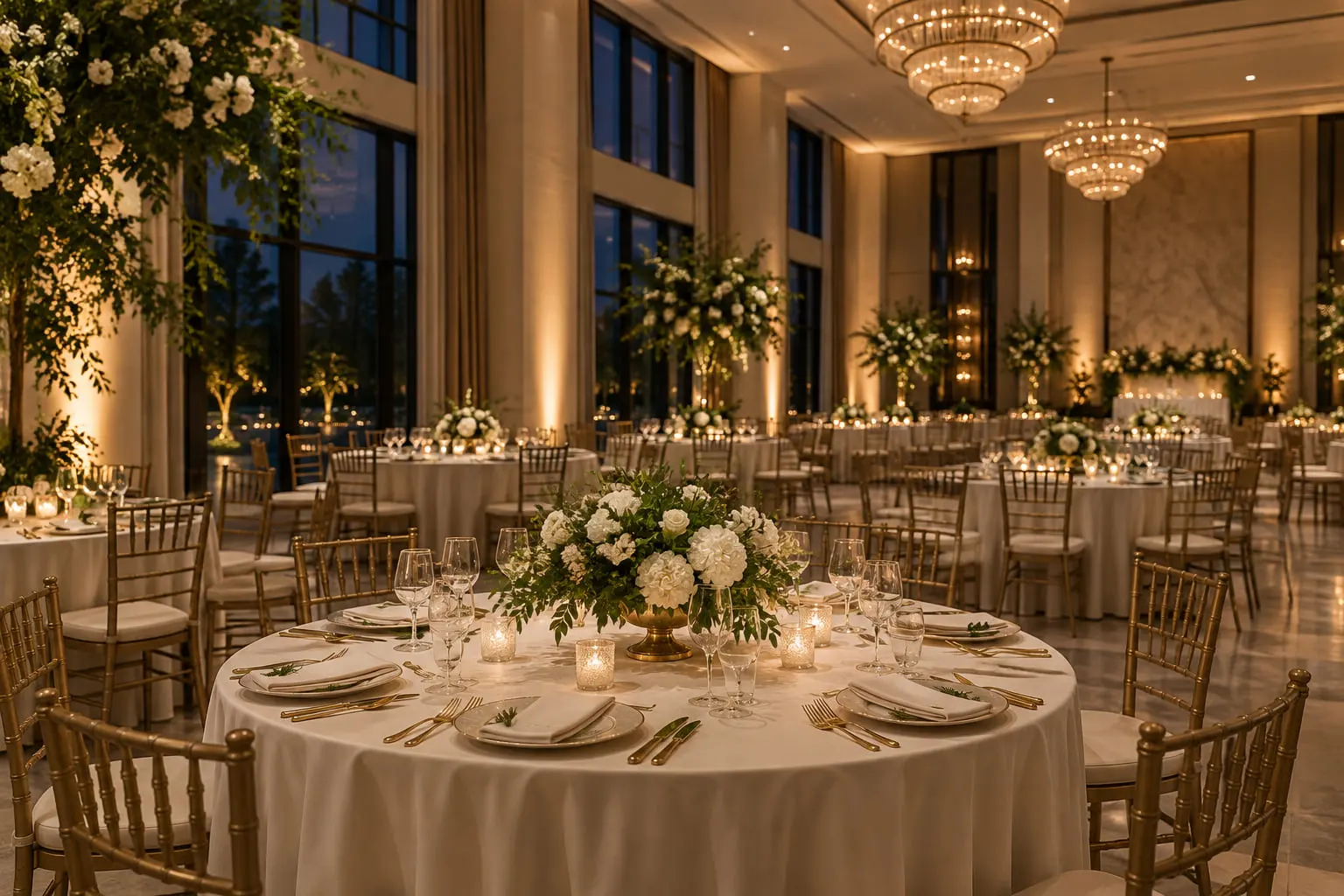 Interior de sală de evenimente, cu mese aranjate elegant