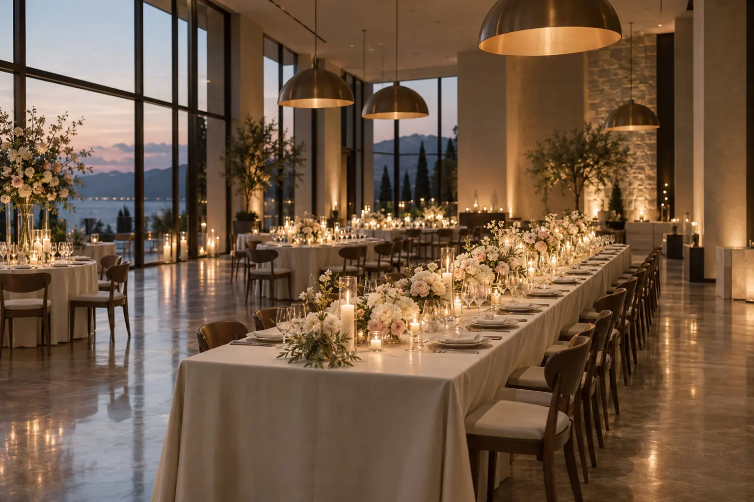 Sală elegantă pregătită pentru un eveniment, cu lumină ambientală caldă