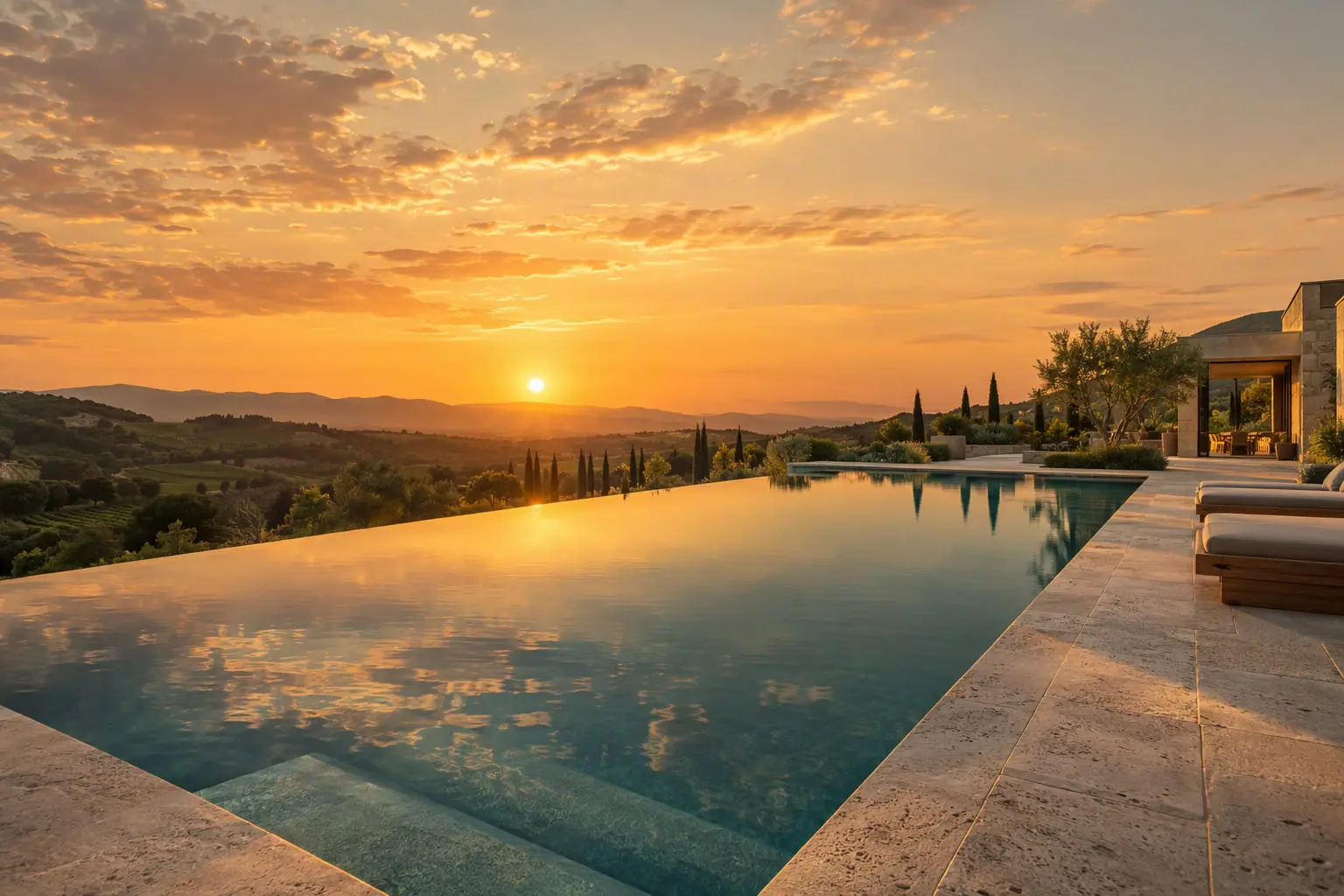Piscină de tip infinity la apus, într-un cadru de eveniment