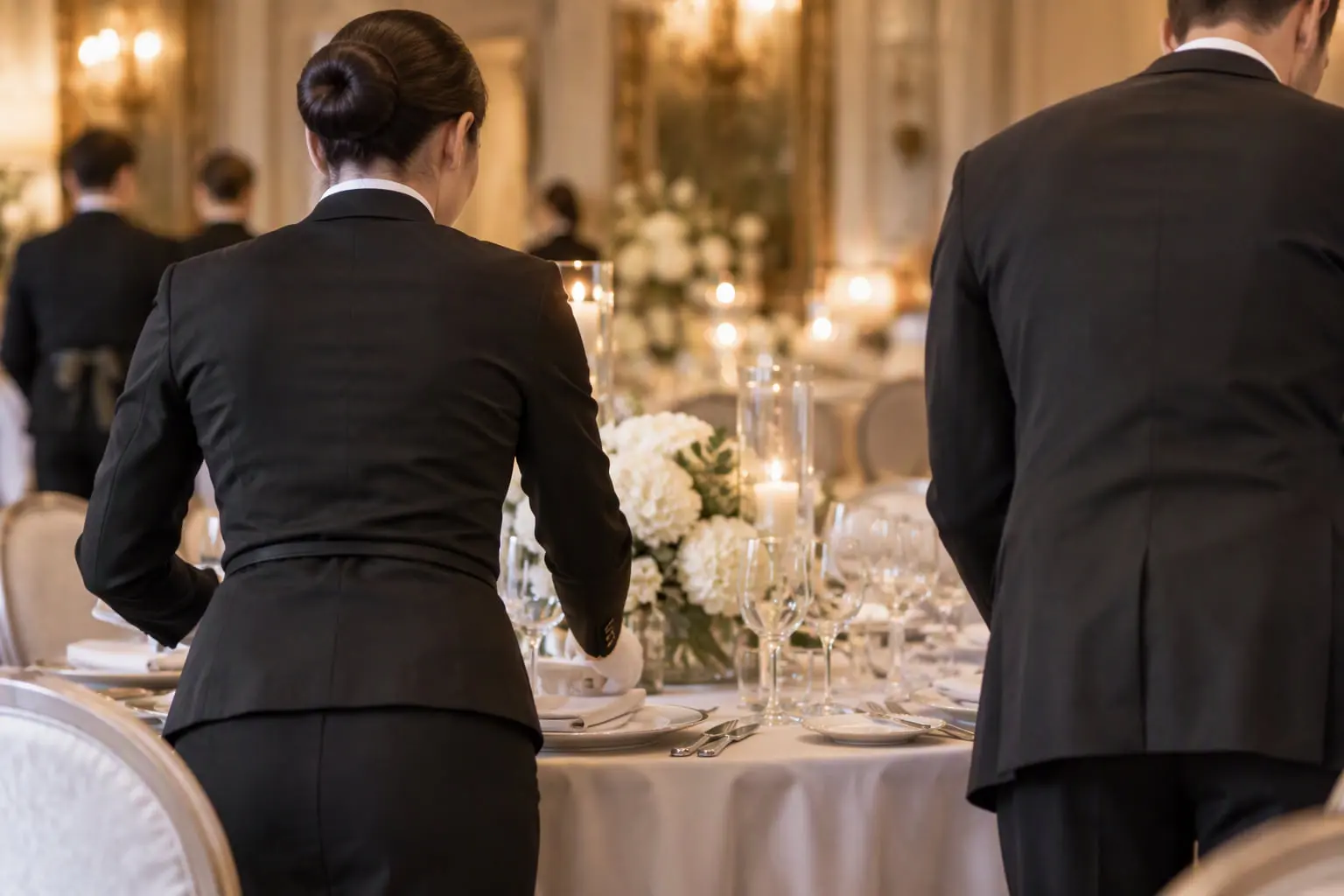 Personal de servire în ținută elegantă, pregătind masa de banchet